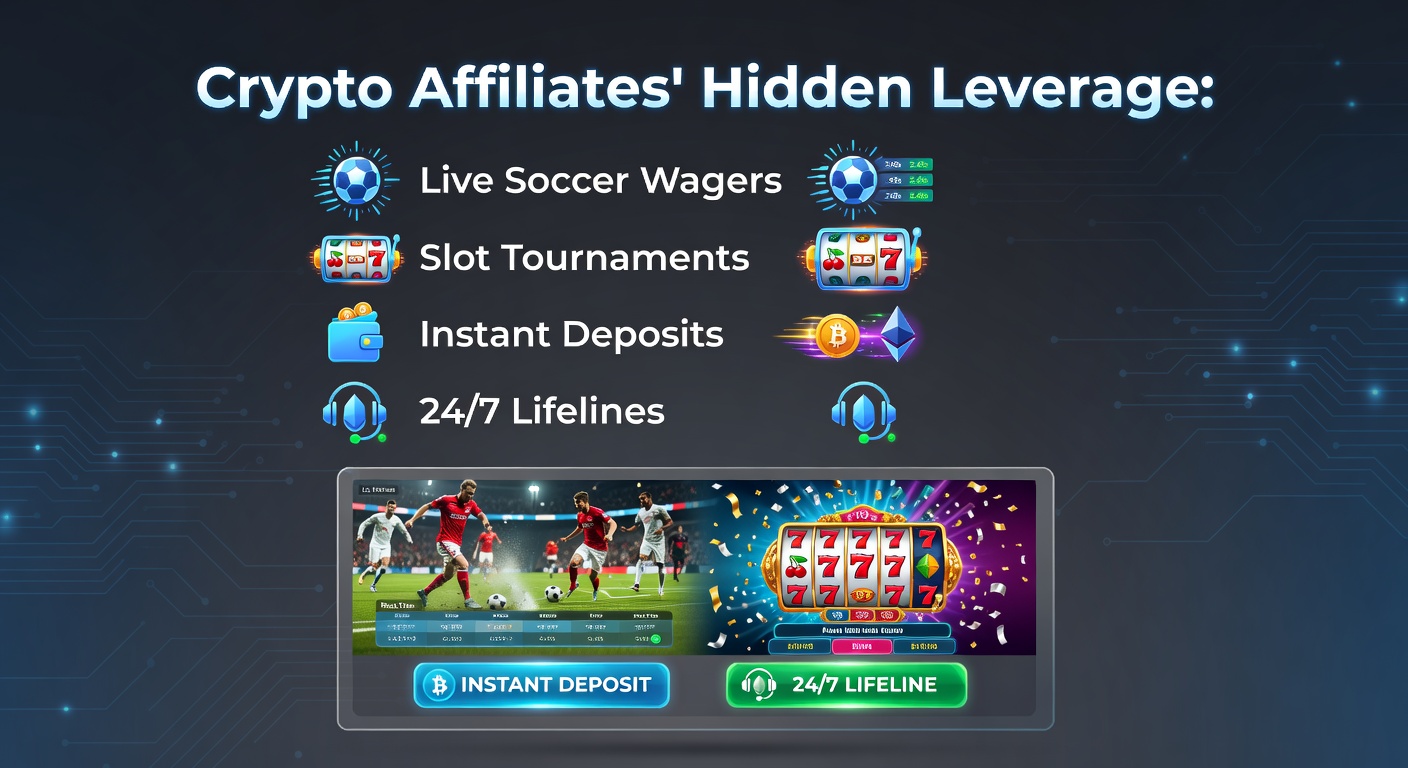 Crypto-Affiliate mit Grafiken zu Live-Wetten, Slots und Krypto-Transaktionen vor einem Fußballstadion-Hintergrund