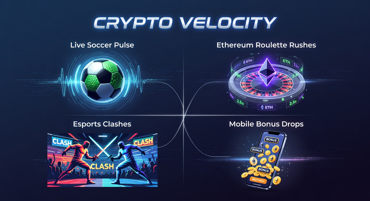 Dynamische Szene mit Live-Fußball-Action, Ethereum-Roulette-Tisch, Esports-Spielern und mobilen Bonus-Pop-ups auf einem Krypto-Wettbildschirm
