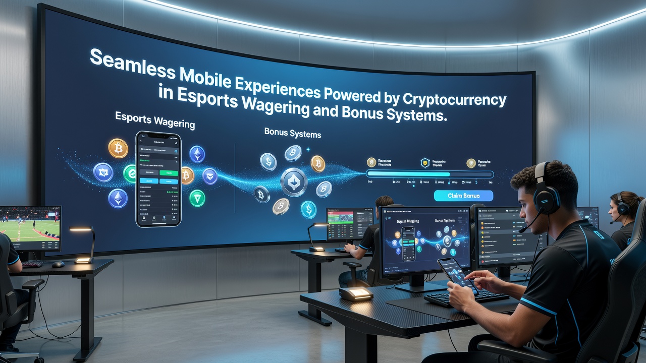 Benutzeroberfläche einer mobilen App mit Esports-Wetten und Krypto-Boni