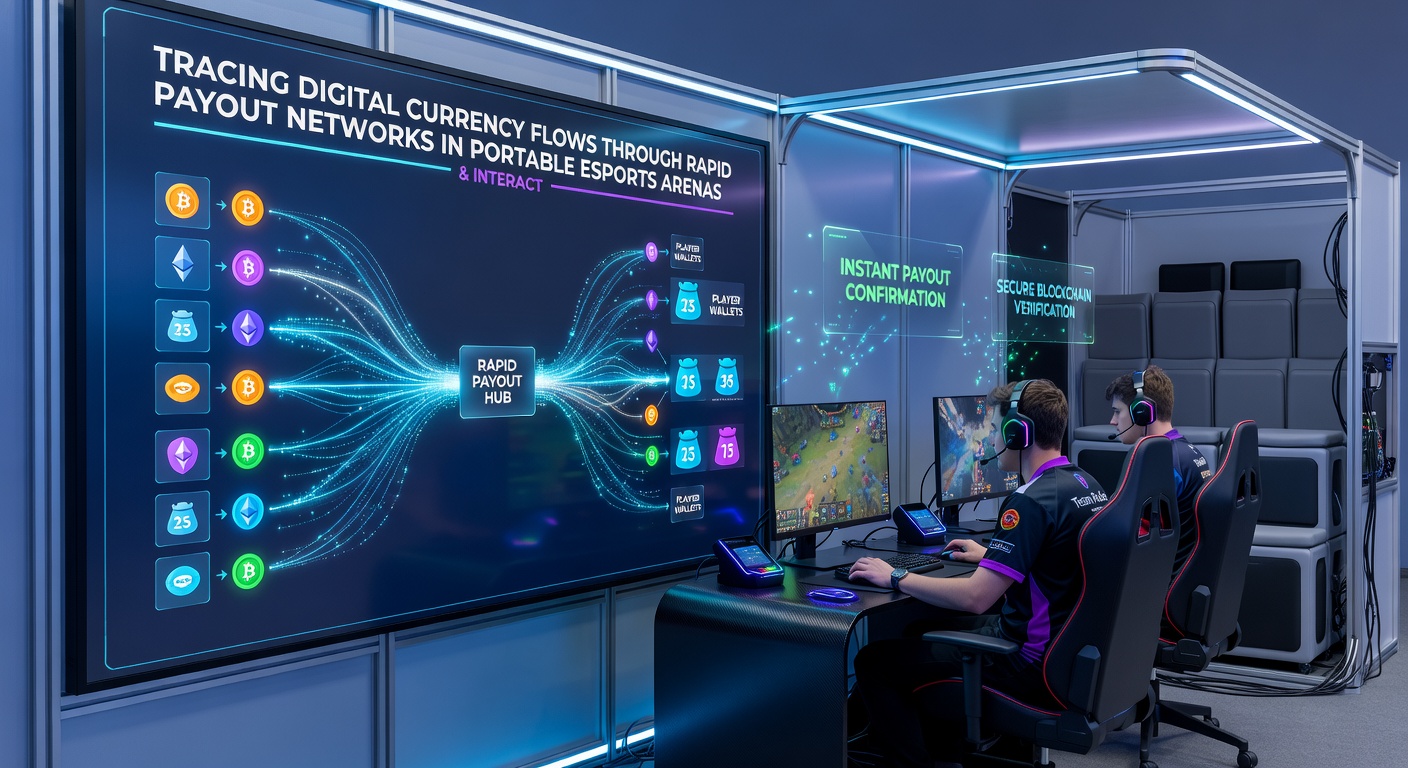 Visualisierung von interaktiven Tisch-Setups und Krypto-Transaktionen in Esports-Arenen mit Fokus auf Netzwerkflüsse